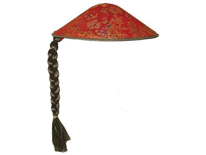 Chinesenhut rot mit Zopf