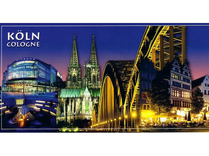 Postkarte Panorama Highlights Köln bei Nacht