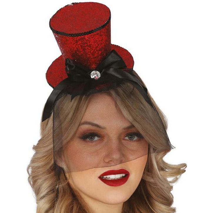 Zylinder mini Haarreif rot Glitter