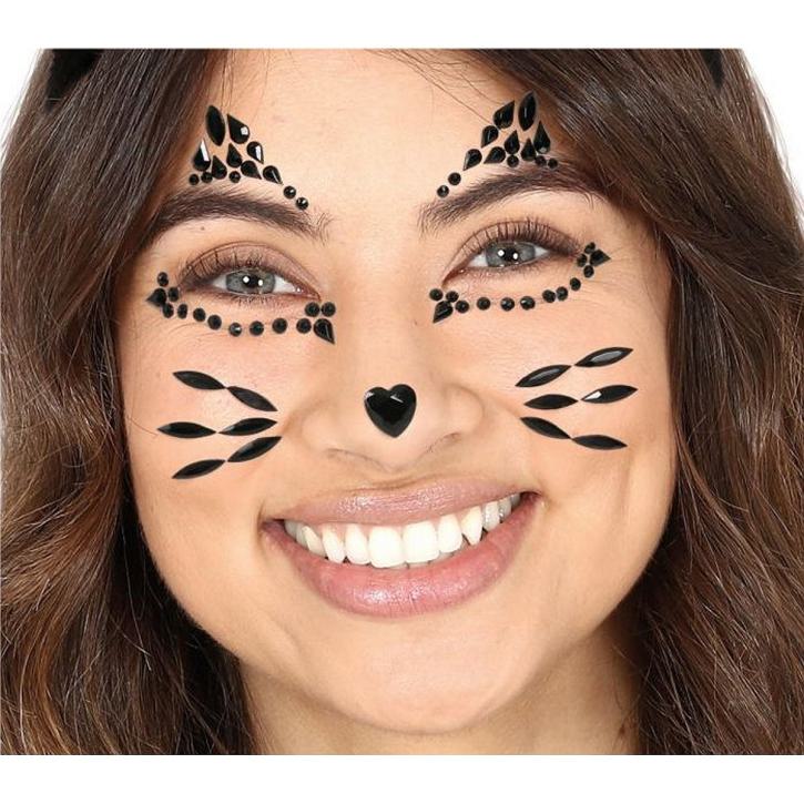 Gesichtstattoo Katze Strass schwarz