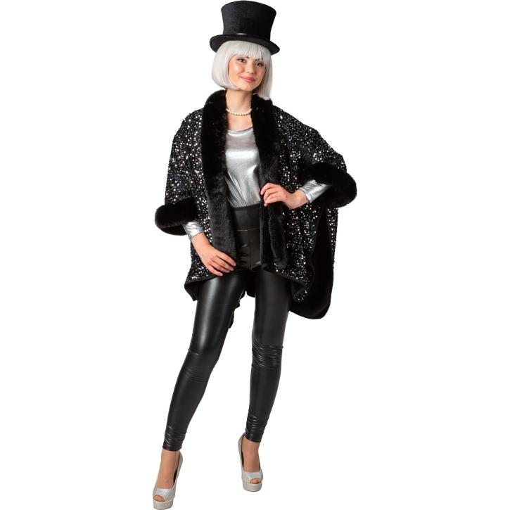 Poncho Pailletten Pelz schwarz-silber