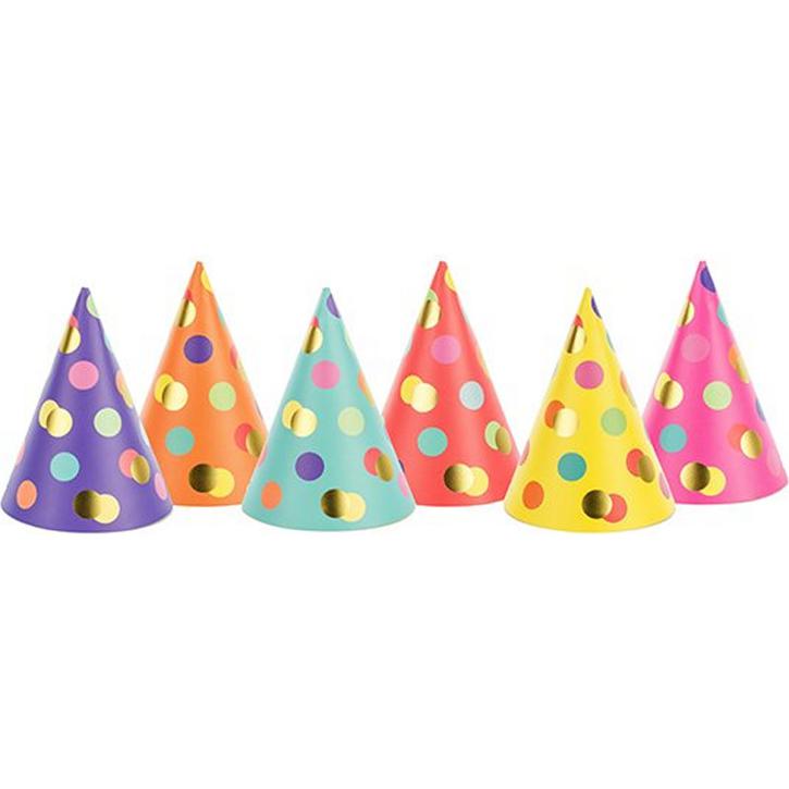 Partyhüte gelb mit bunten Punkten 6 Stk.